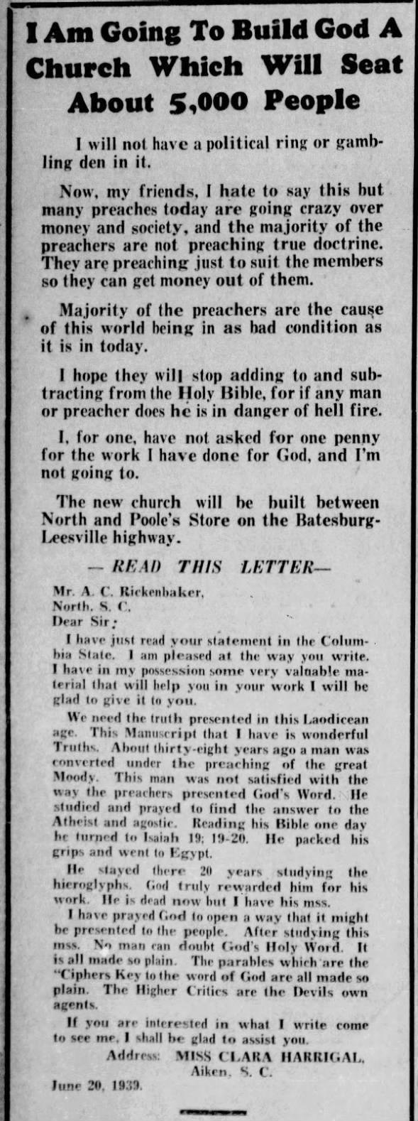 I Am Going to Build God a Church Which Will Seat About 5,000 People Letter from Clara in response